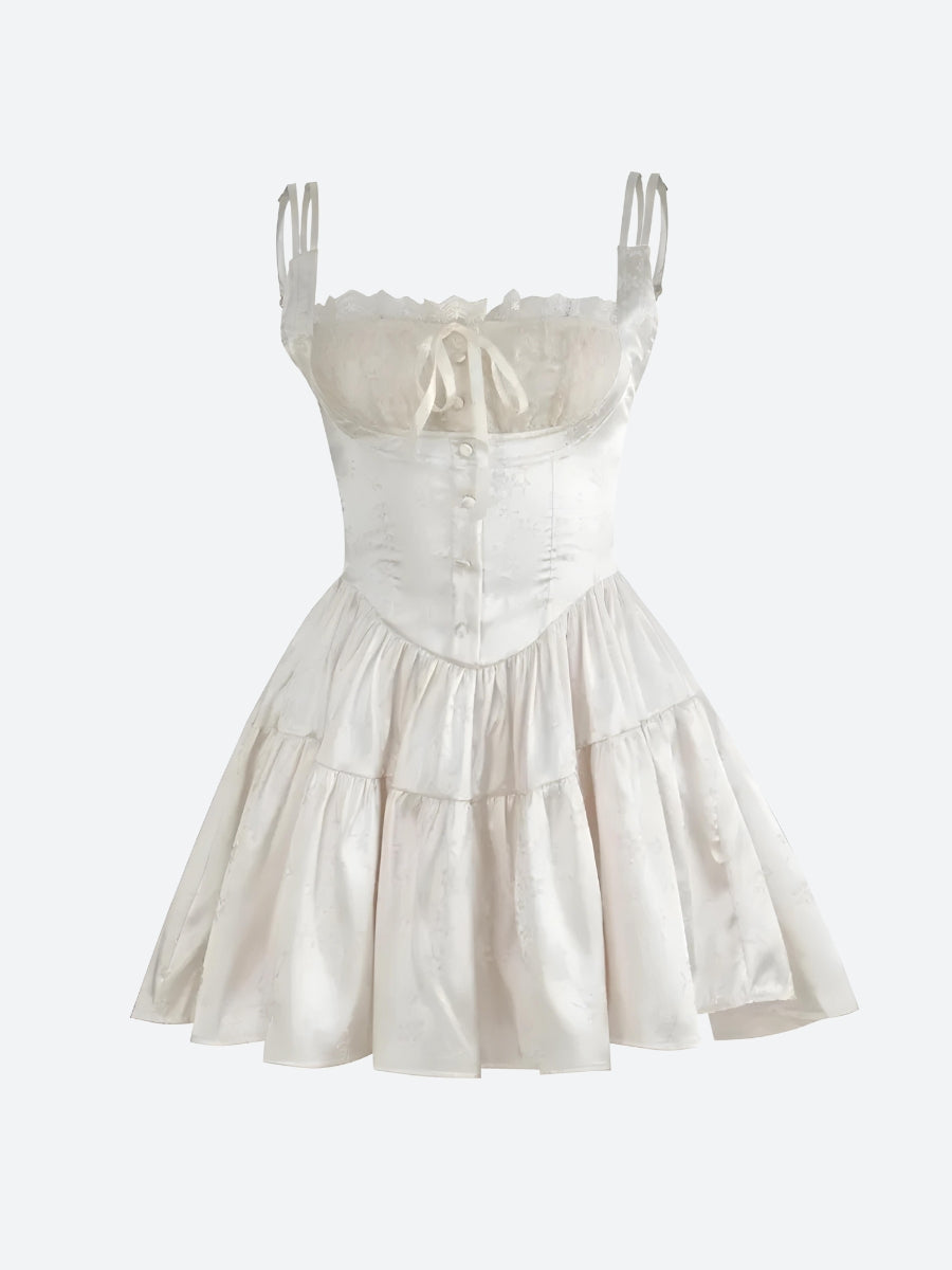 Satin Spaghetti Strap Lace Trim Tie Front Mini Dress