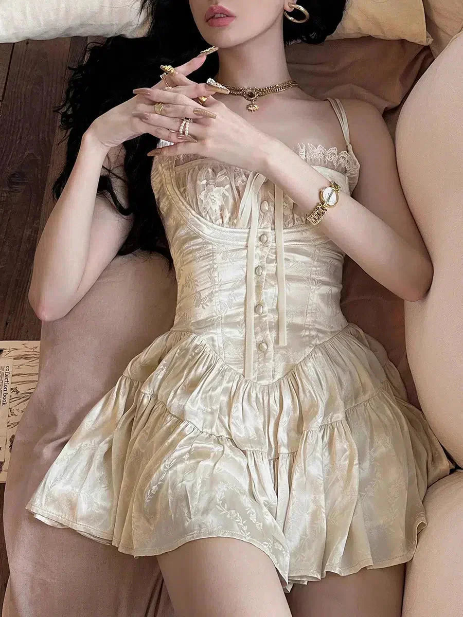 Satin Spaghetti Strap Corset Lace Up Tiered Mini Dress