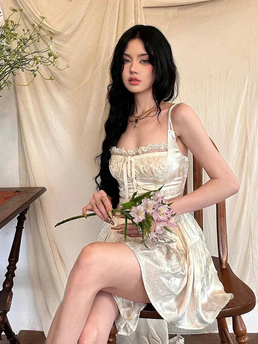 Satin Spaghetti Strap Corset Lace Up Tiered Mini Dress