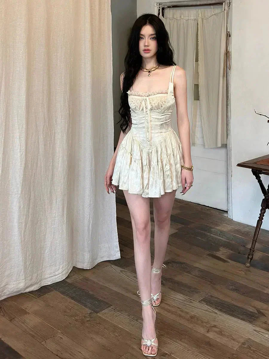 Satin Spaghetti Strap Corset Lace Up Tiered Mini Dress