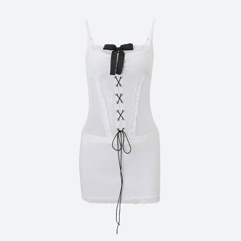 Spaghetti Strap Lace Trim Lace Up Corset Bodycon Mini Dress