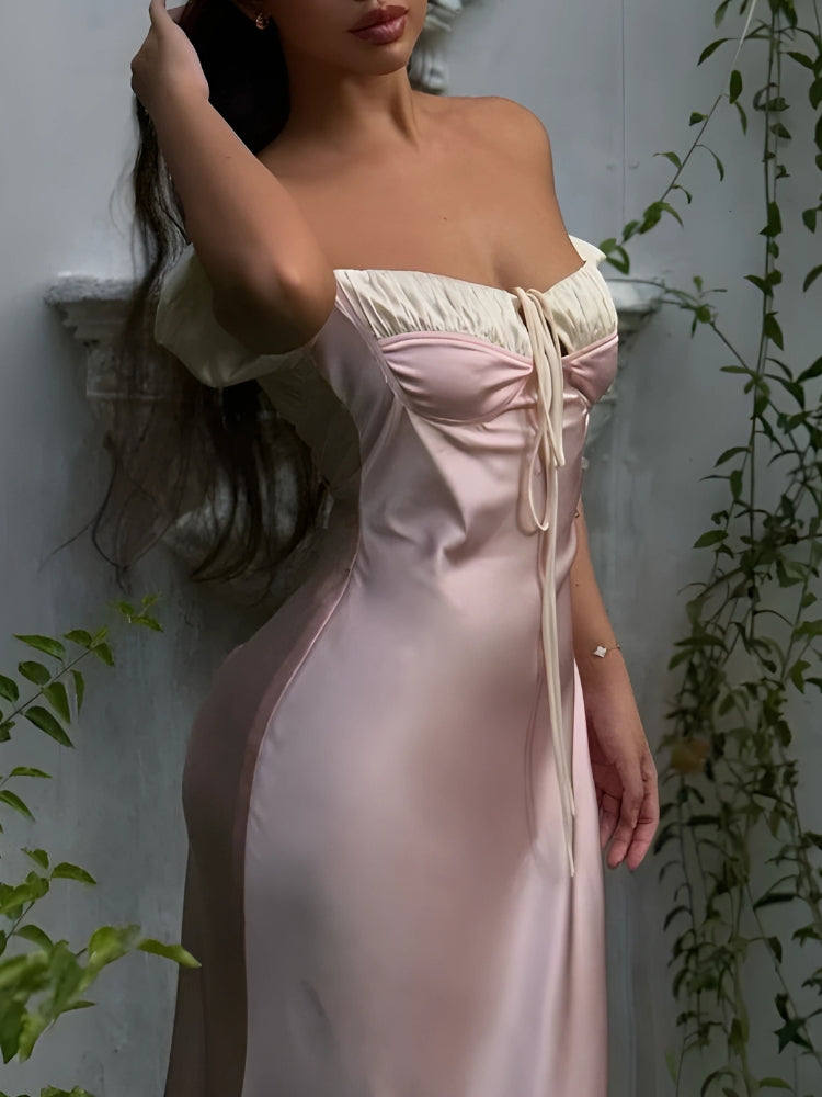 Satin Off Shoulder Ruched Bust Tie Front Maxi Dress 4