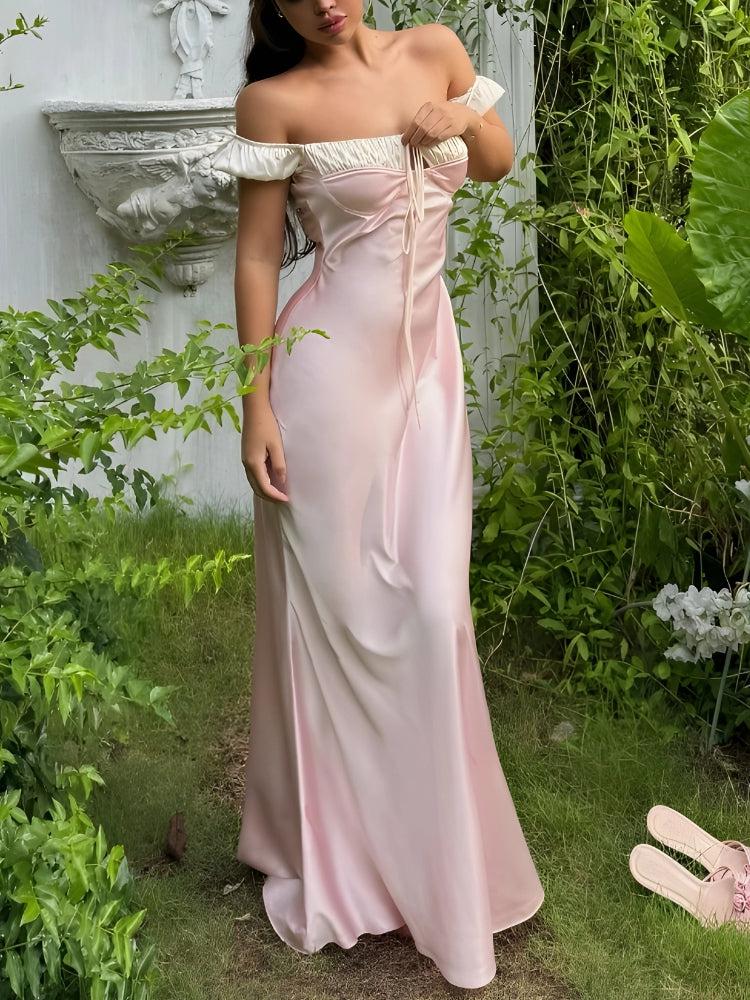 Satin Off Shoulder Ruched Bust Tie Front Maxi Dress