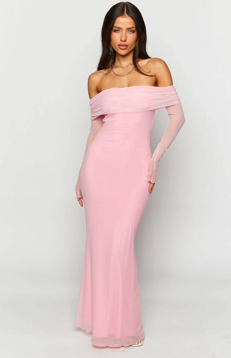Mesh Off Shoulder Long Sleeve Ruched Bust Fitted Maxi Dress 2