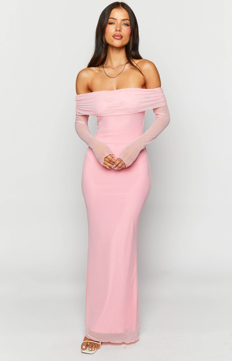 Mesh Off Shoulder Long Sleeve Ruched Bust Fitted Maxi Dress 3