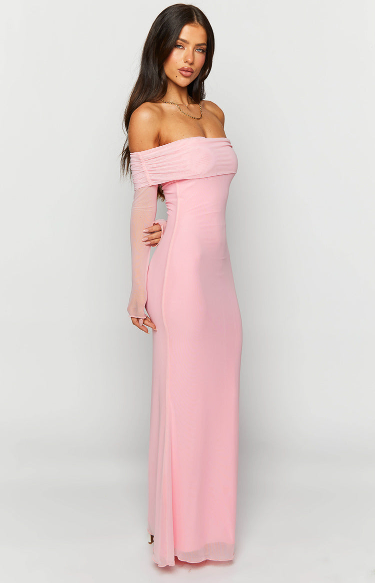 Mesh Off Shoulder Long Sleeve Ruched Bust Fitted Maxi Dress 4