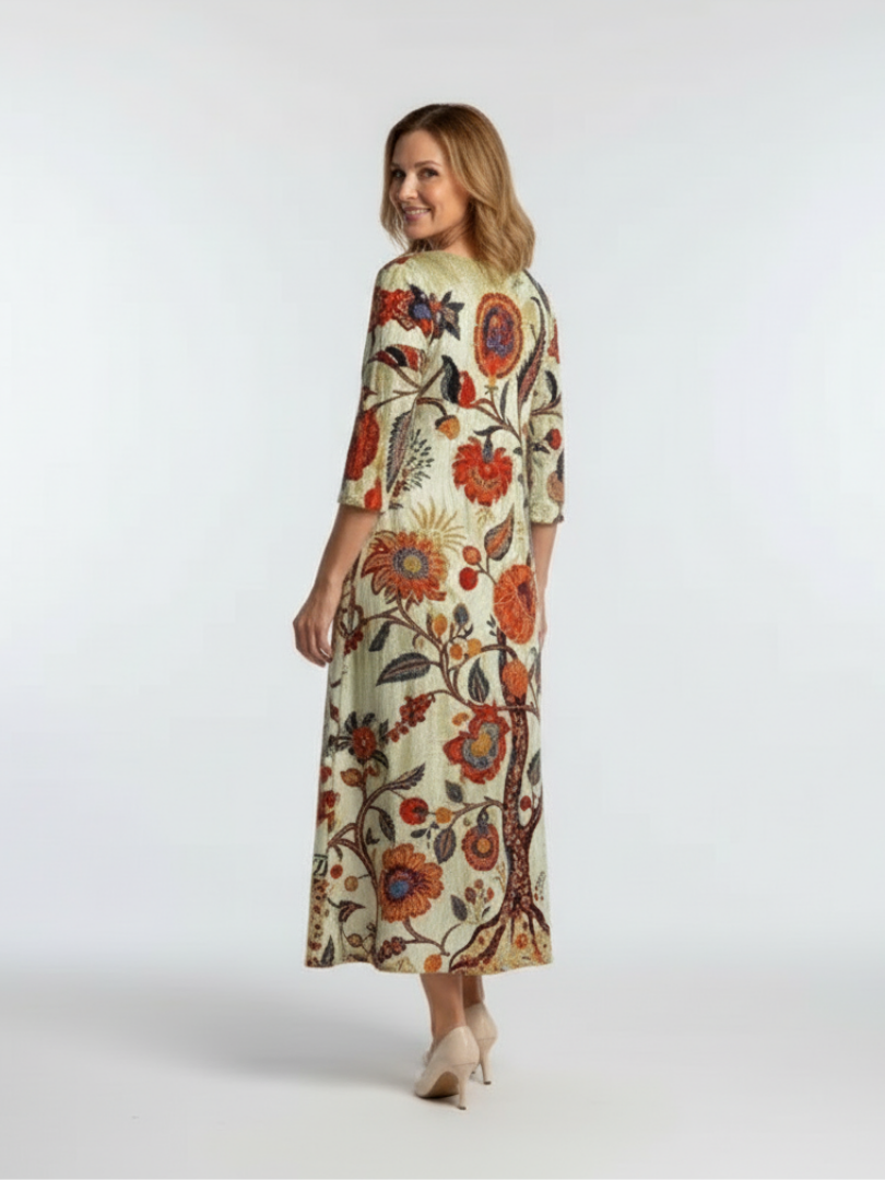 Floral Print V-Neck Three Quarter Sleeve Maxi Dress