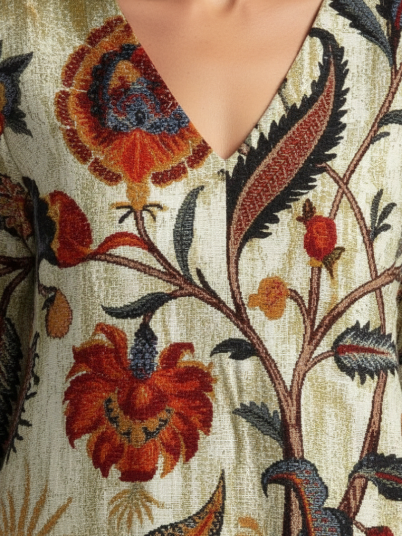 Floral Print V-Neck Three Quarter Sleeve Maxi Dress