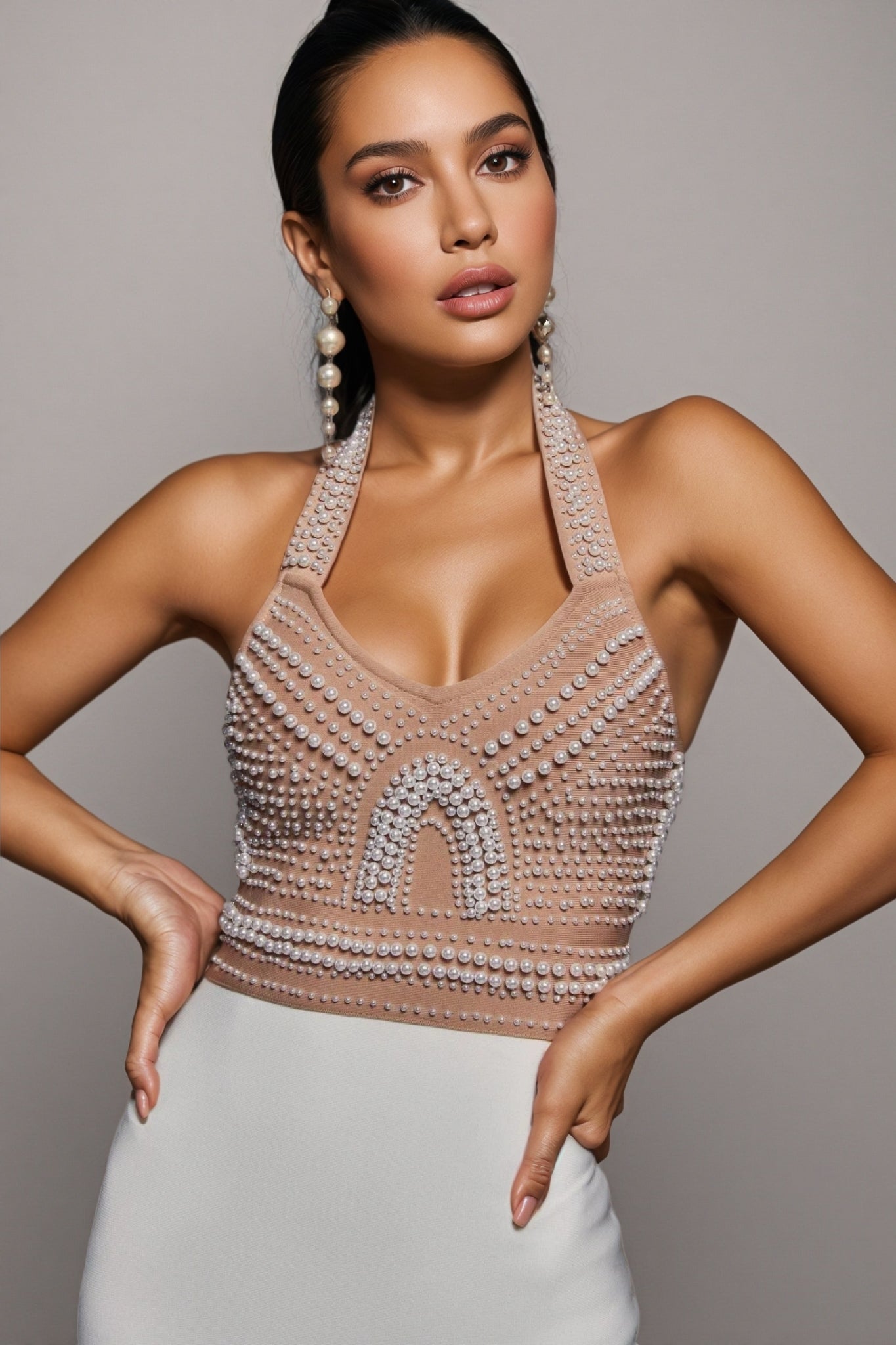 Pearl Beaded Halter Neck Bandage Midi Dress