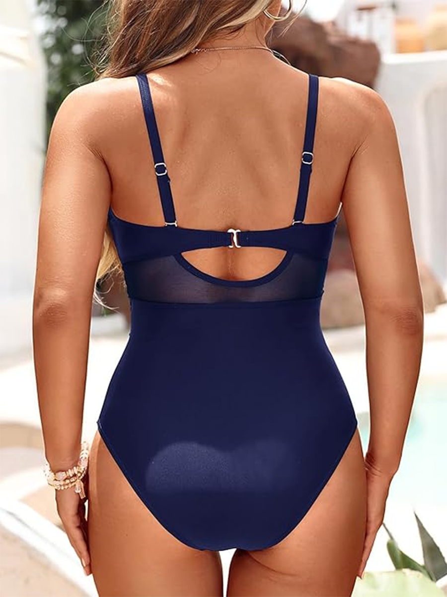 Cross Front Mesh Cut Out One Piece Swimsuit