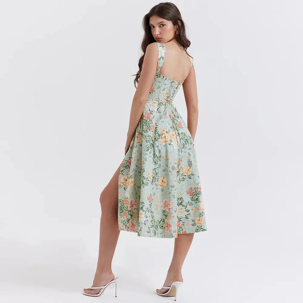 Floral Square Neck Corset High Split A-Line Midi Dress