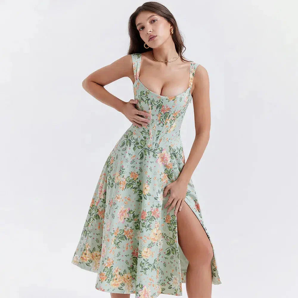 Cottagecore Floral Corset Midi Dress