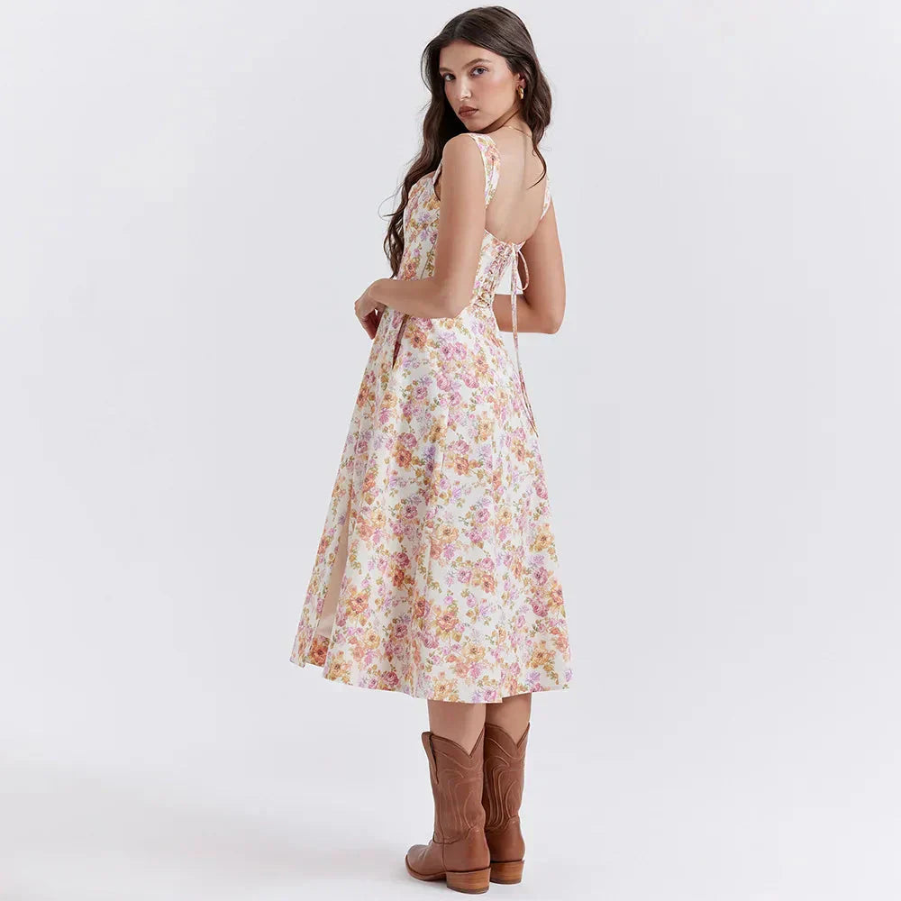 Floral Square Neck Corset High Split A-Line Midi Dress