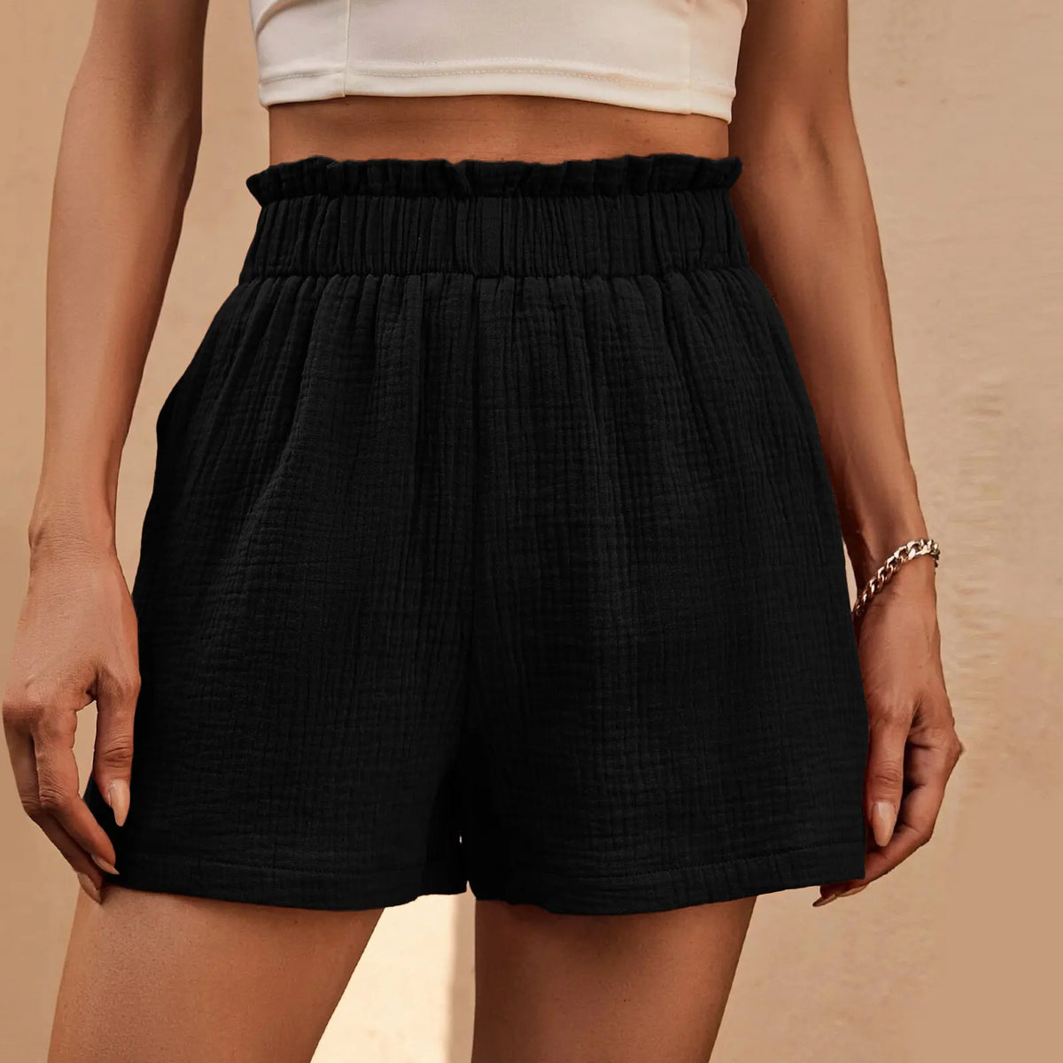 Crinkle Textured Paperbag Elastic High Waist Pocket Shorts 6