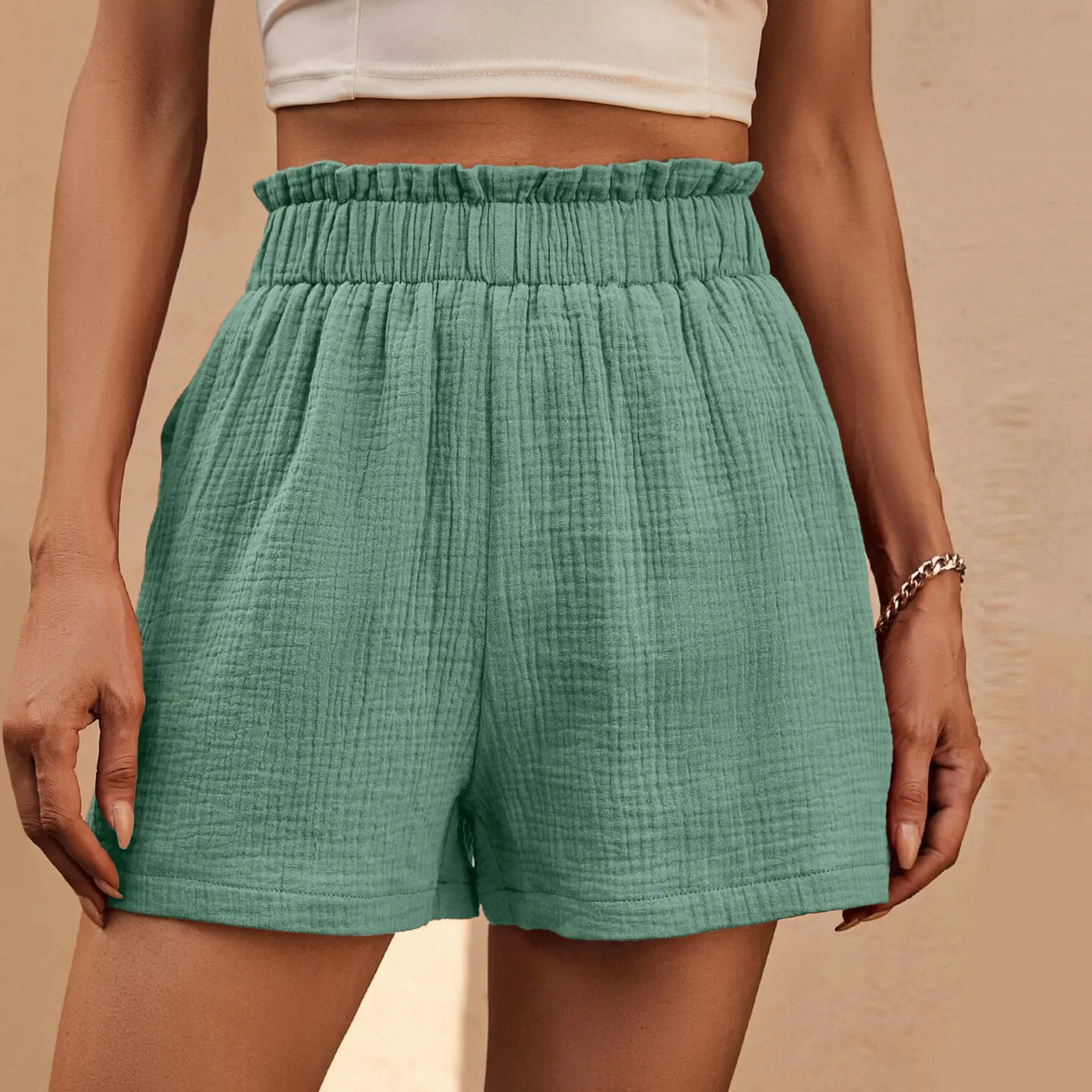 Cotton Double Layered Pleats Hem Straight Leg High Waist Sports Short Mint Green / S