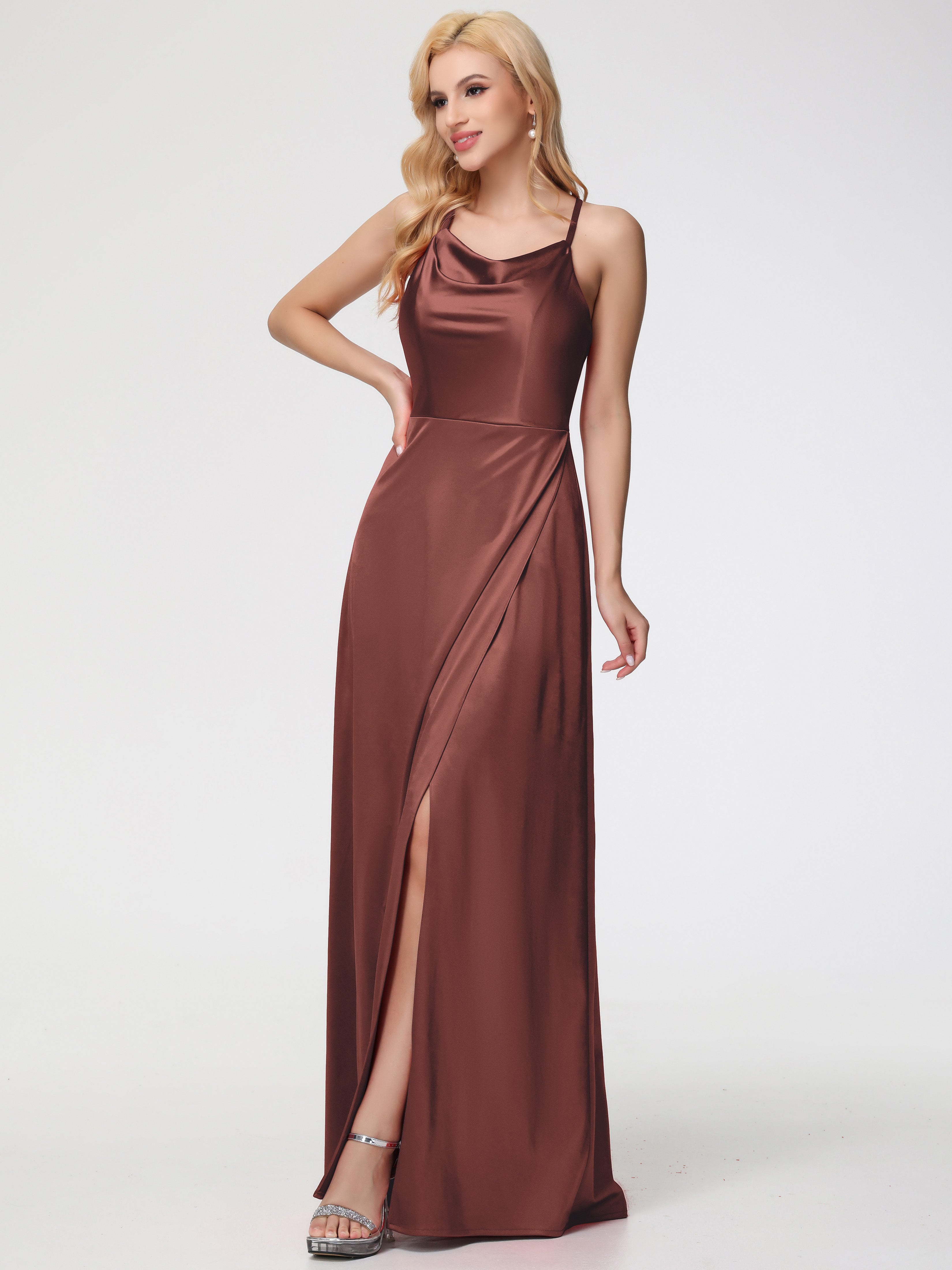 Stretch Satin Terracotta Formal Dresses Cowl Neck Straps Cross Zip Back Floor Length Stretch Satin Formal Dress