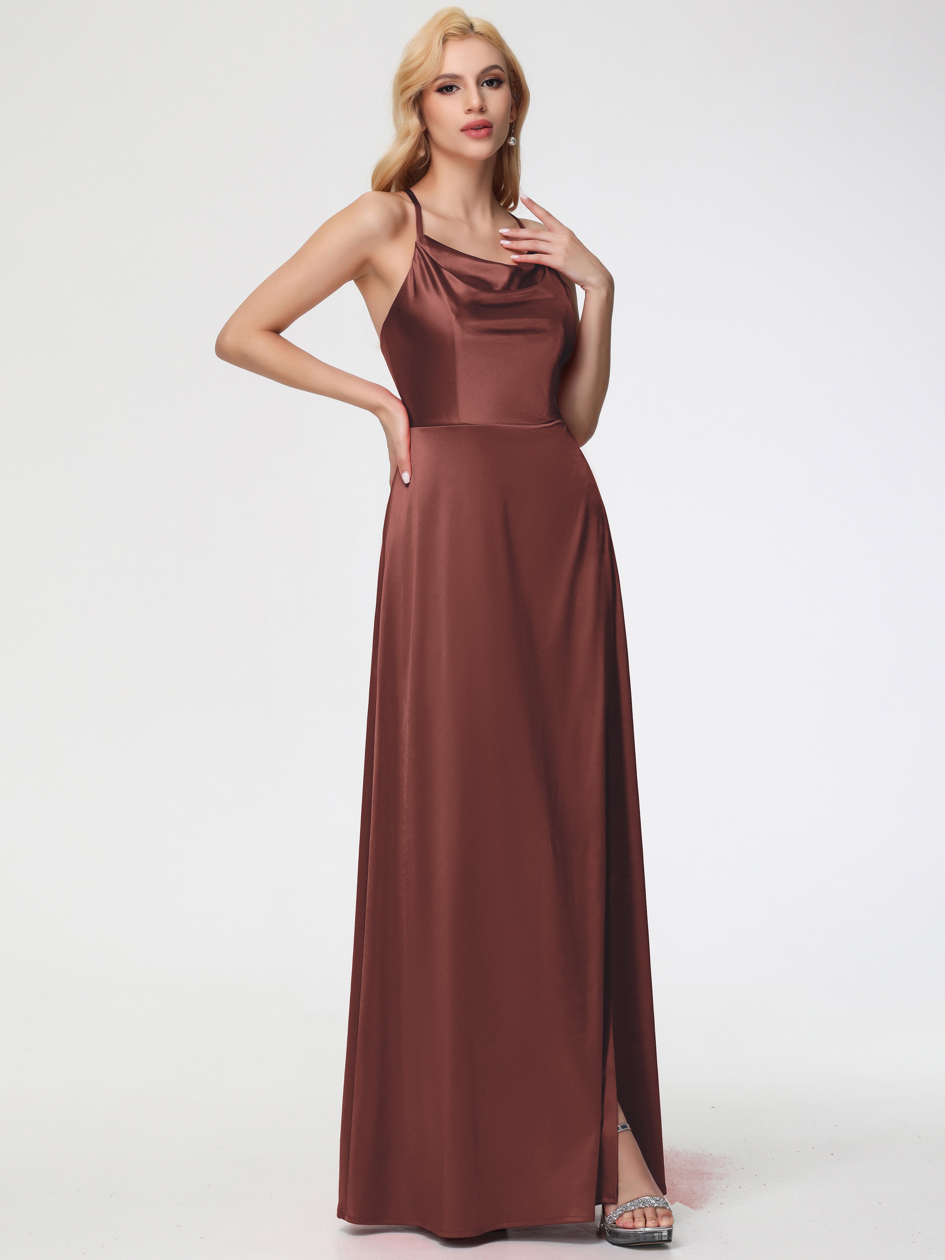 Stretch Satin Terracotta Formal Dresses Cowl Neck Straps Cross Zip Back Floor Length Stretch Satin Formal Dress