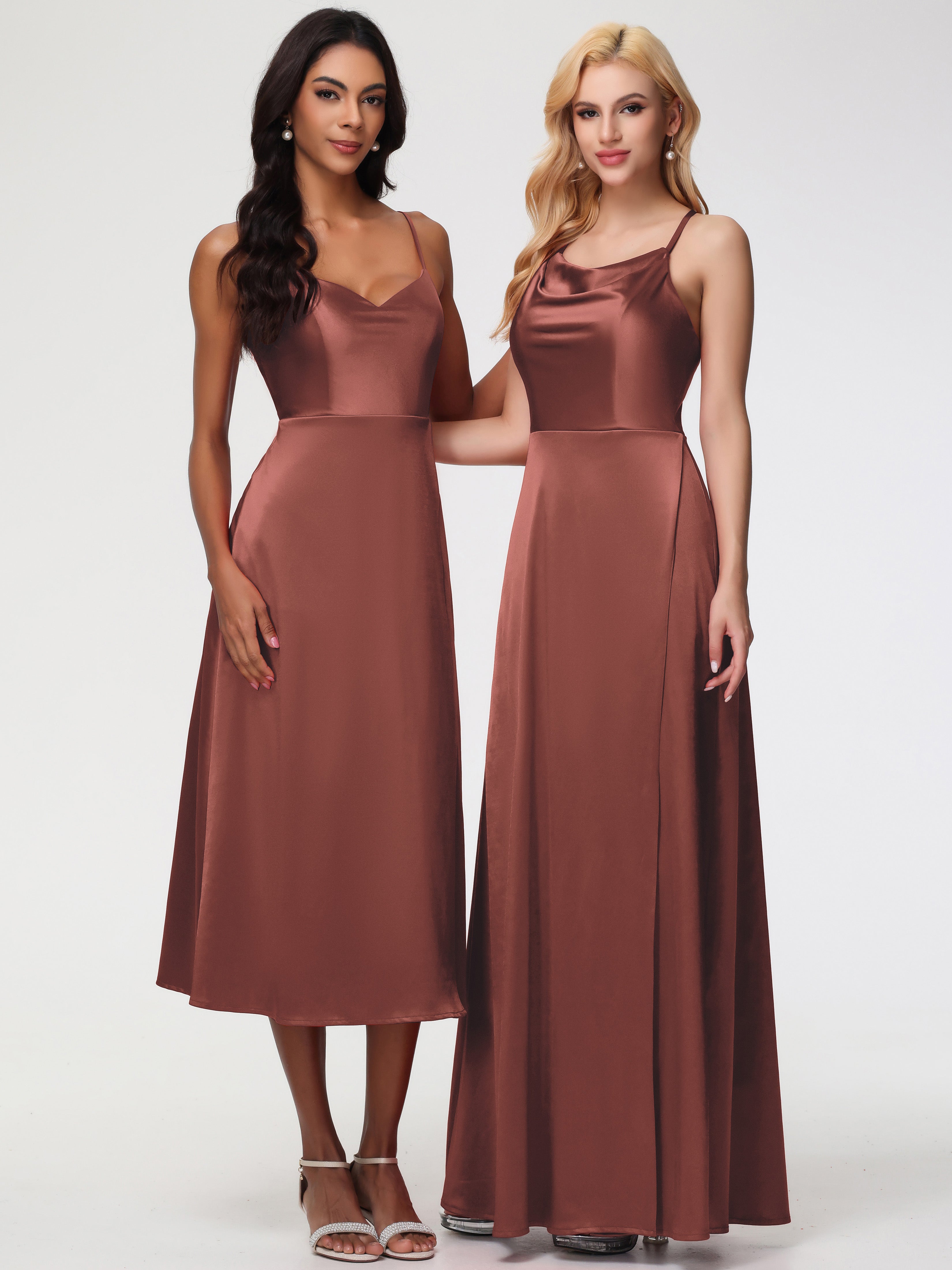 Stretch Satin Terracotta Formal Dresses Cowl Neck Straps Cross Zip Back Floor Length Stretch Satin Formal Dress