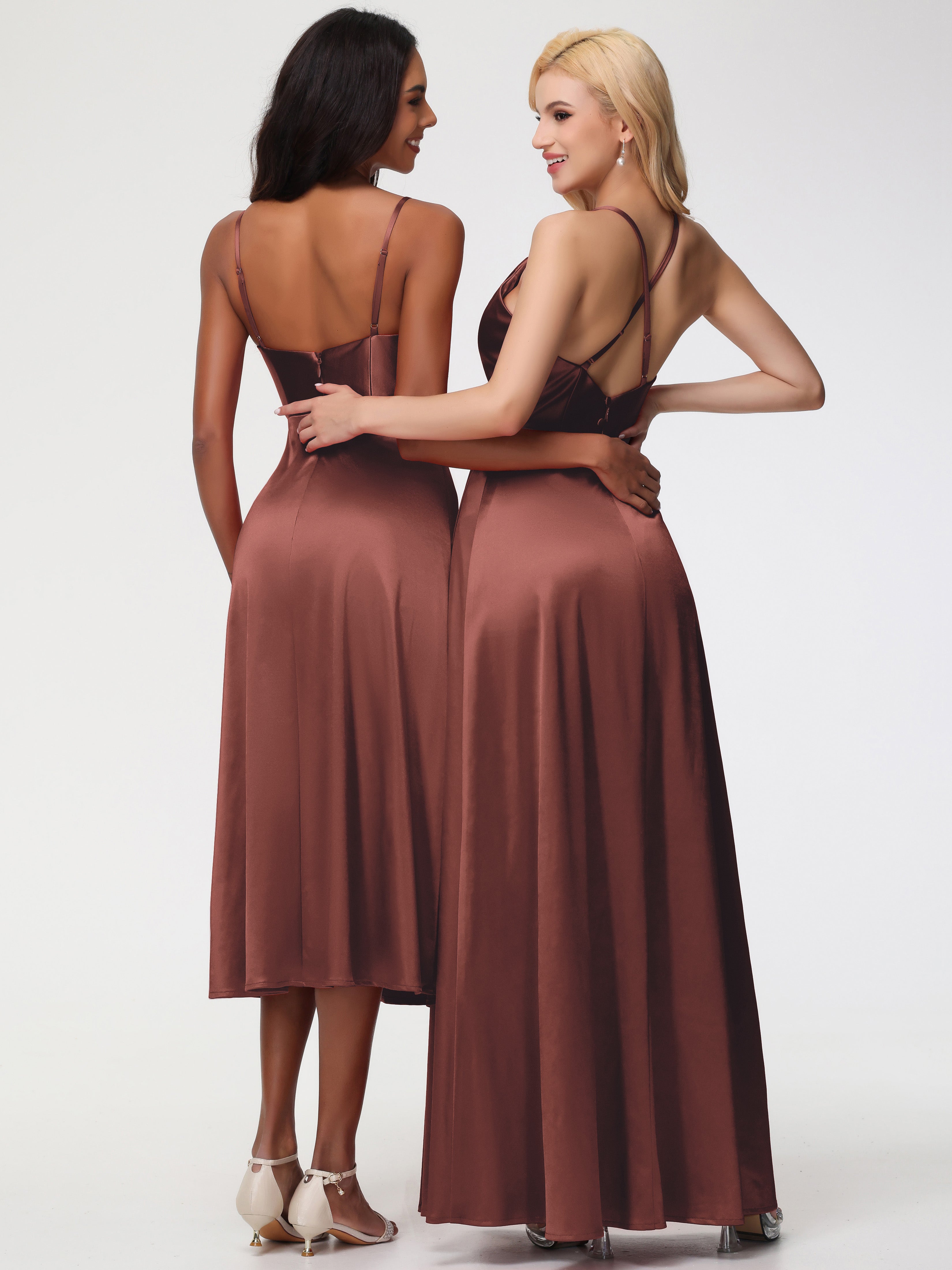 Stretch Satin Terracotta Formal Dresses Cowl Neck Straps Cross Zip Back Floor Length Stretch Satin Formal Dress