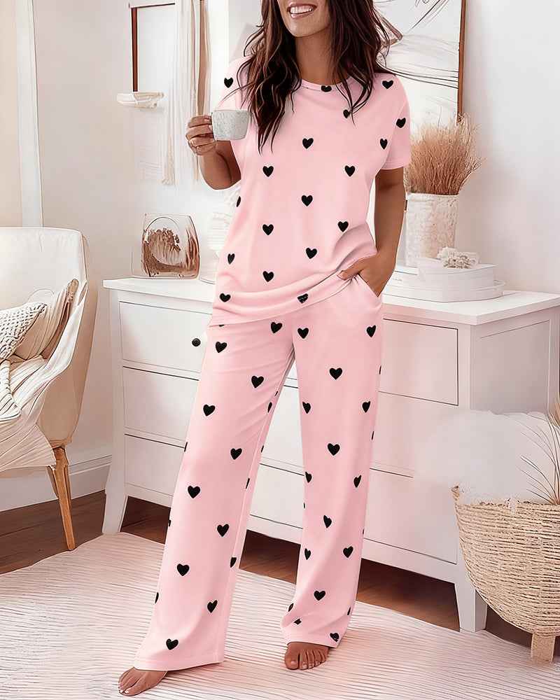 Multi Pajama Set Heart Print Polyester Elastane