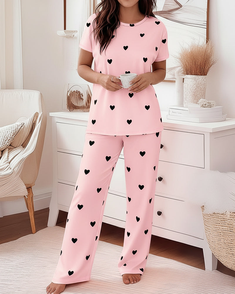Multi Pajama Set Heart Print Polyester Elastane