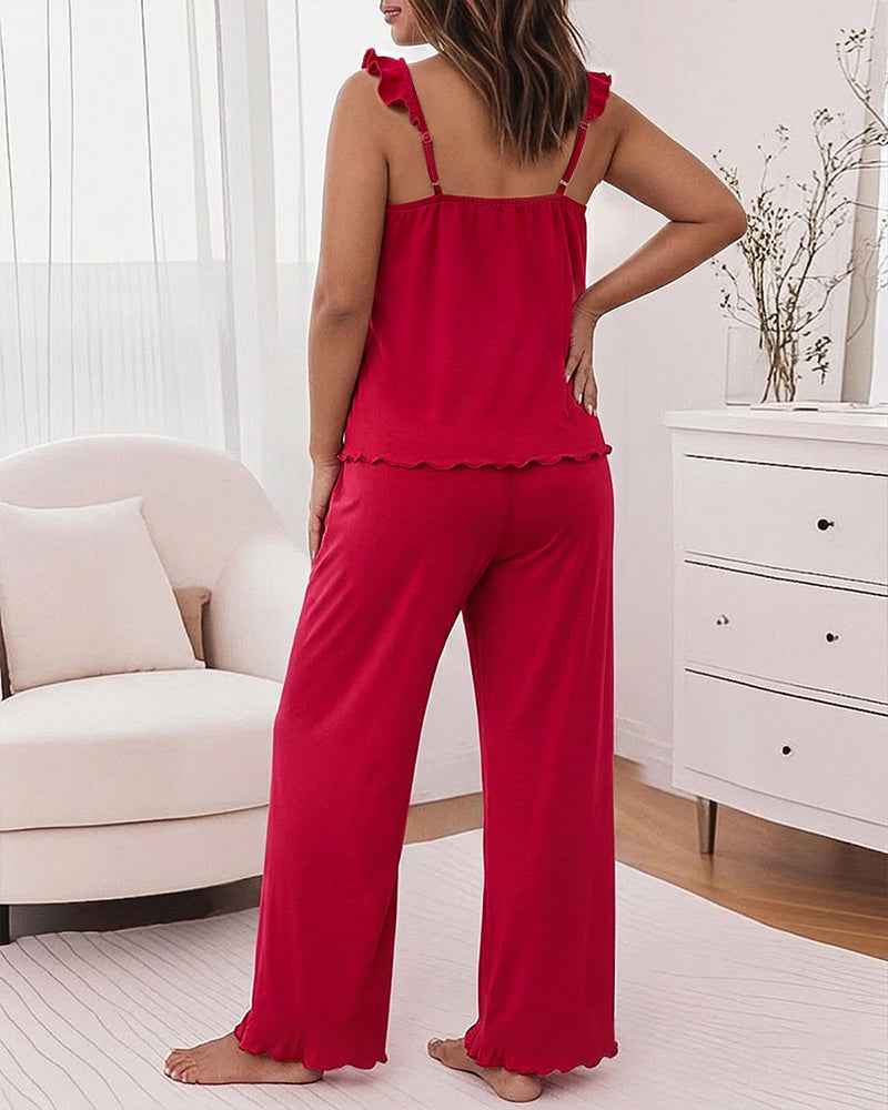 Women's Frill Trim Pajama Set with Pockets | Soft & Comfortable Sleepw