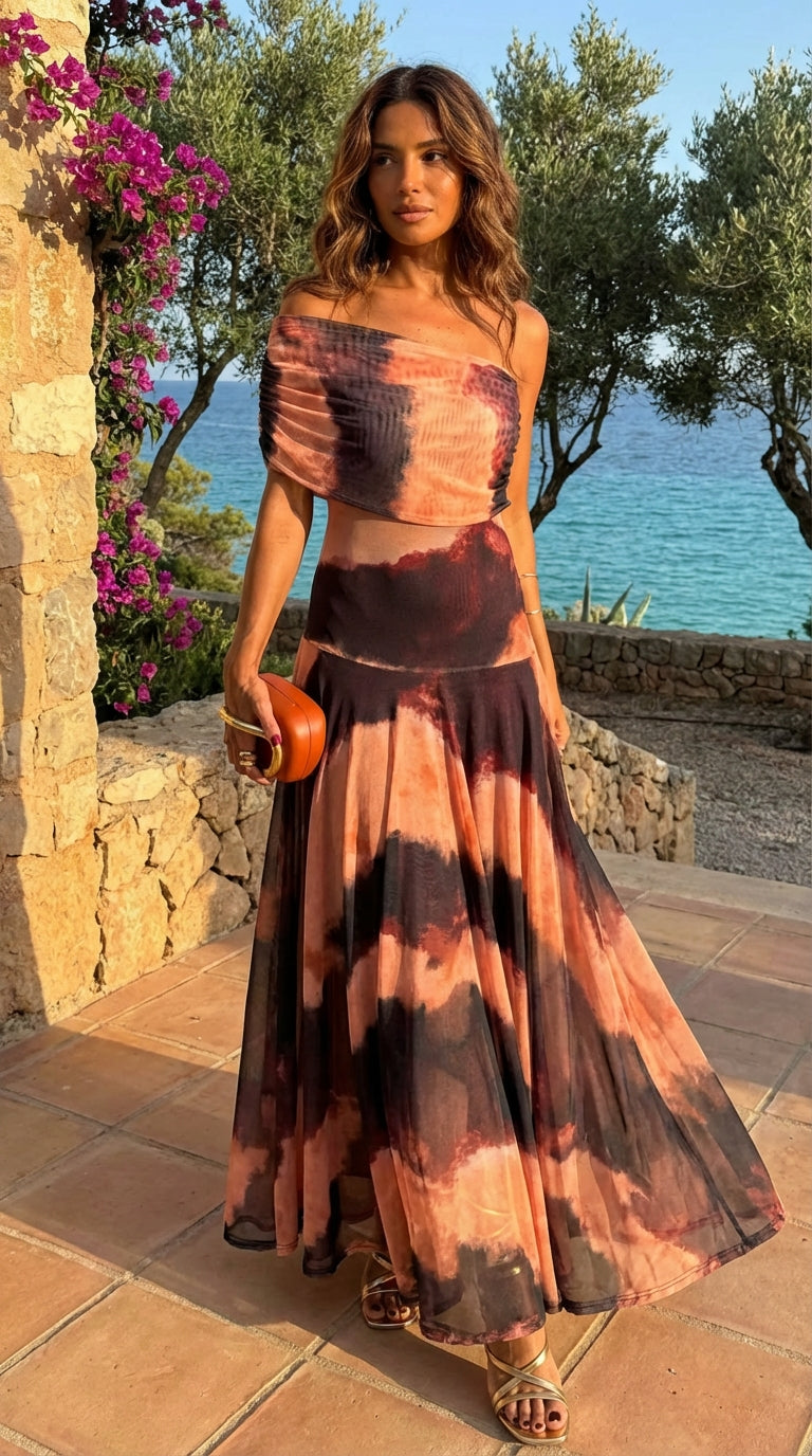 Tie Dye Print Off Shoulder Crop Top and Maxi Skirt Two Piece Set