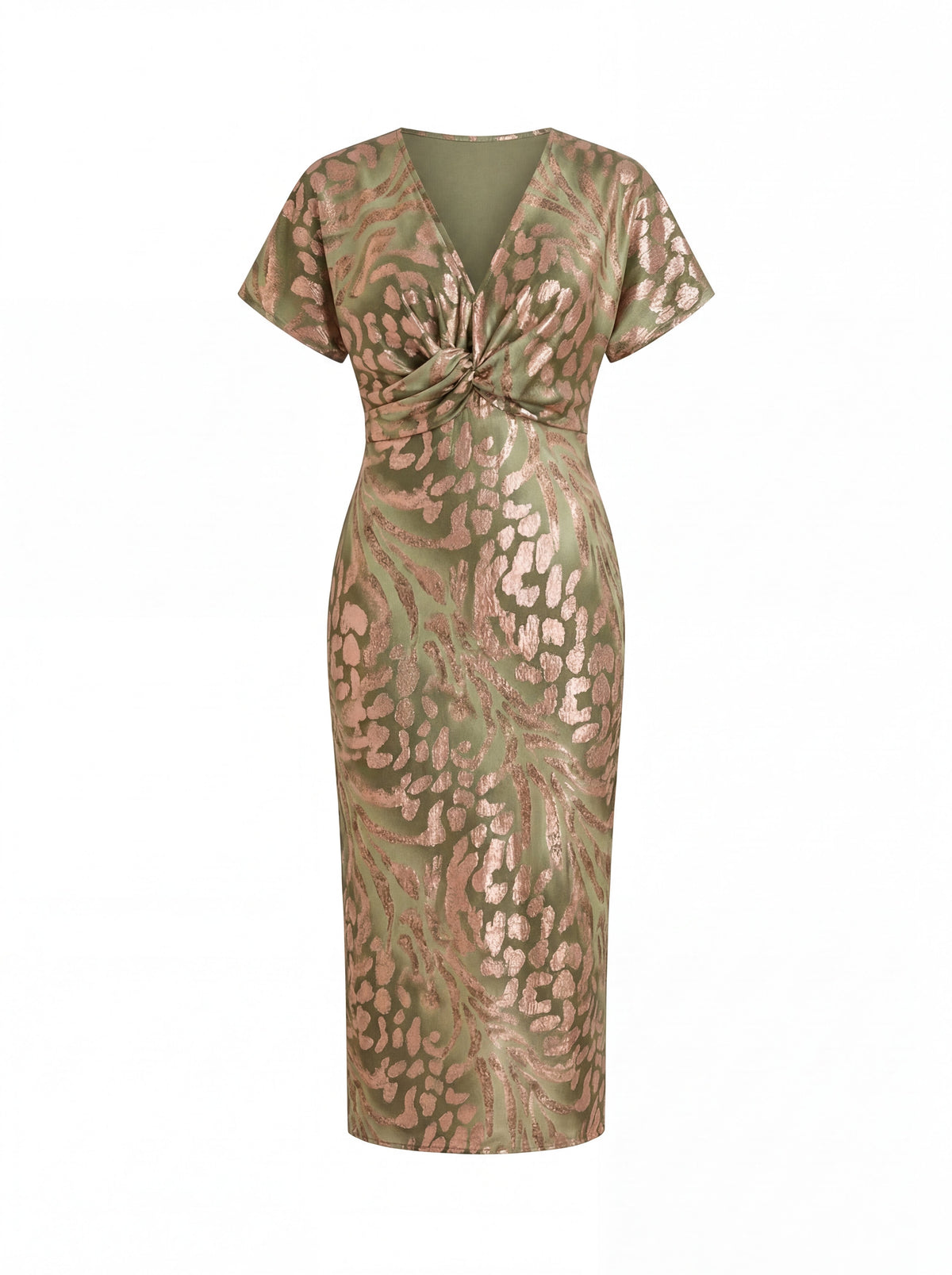Animal Print V-Neck Short Sleeve Twist Front Midi Dress