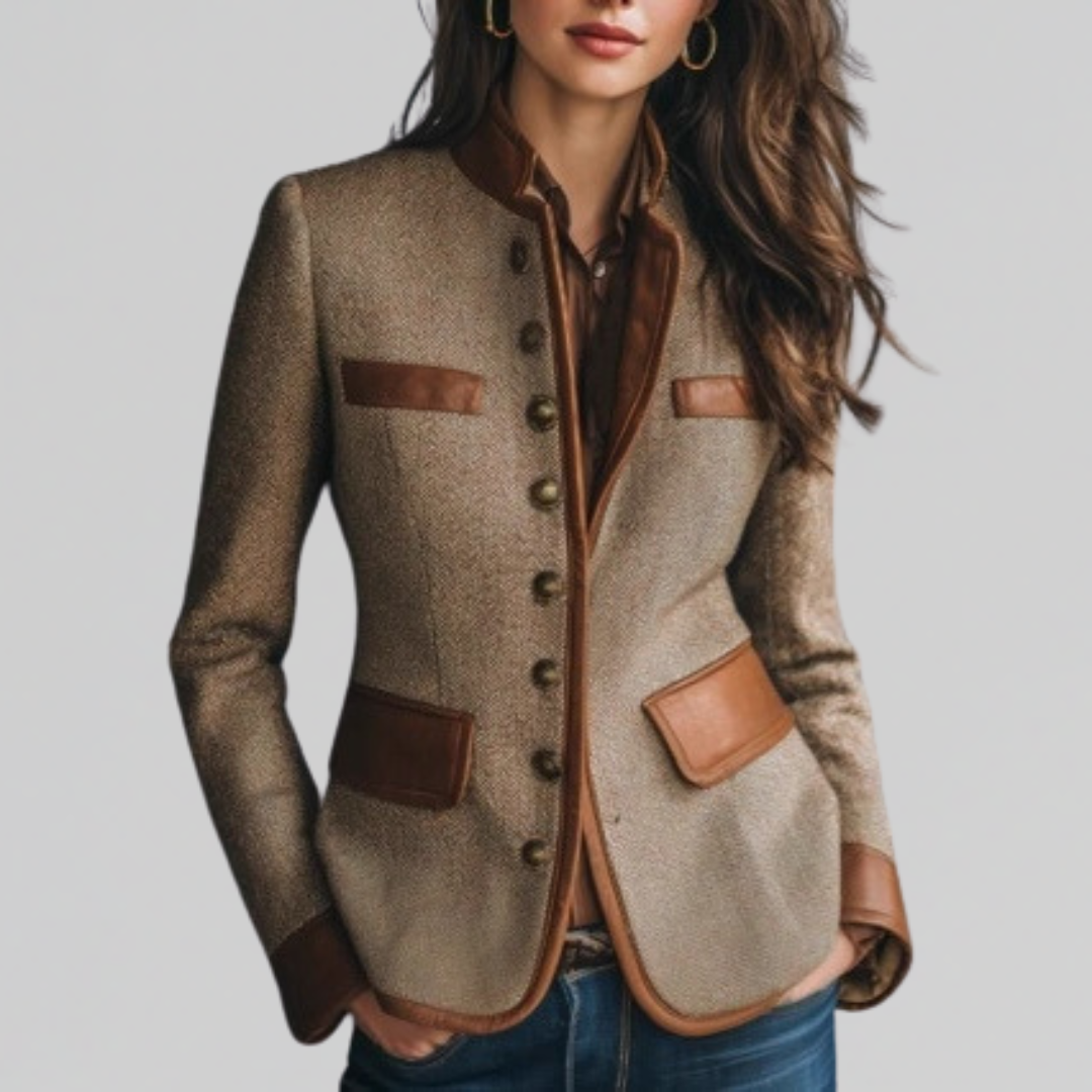 Faux Leather Trim Button Front Tweed Jacket