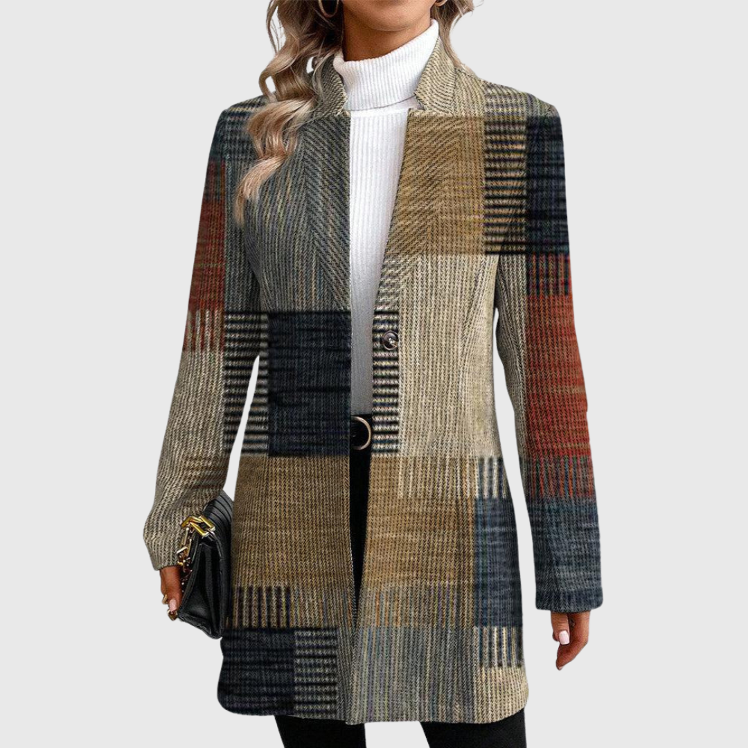 Patchwork Plaid Stand Collar Single Button Coat