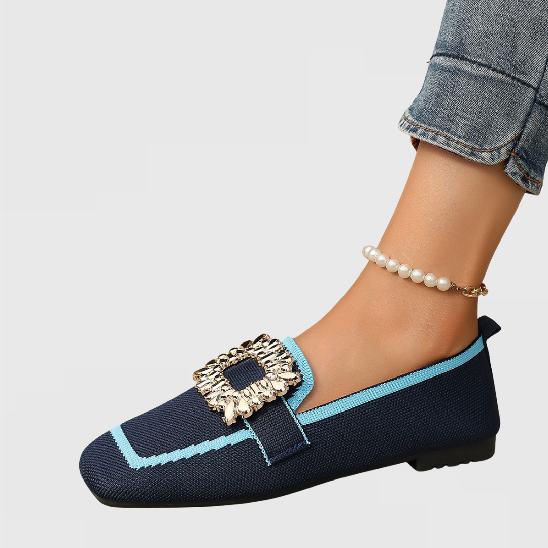 Square Toe Embellished Buckle Knit Loafers