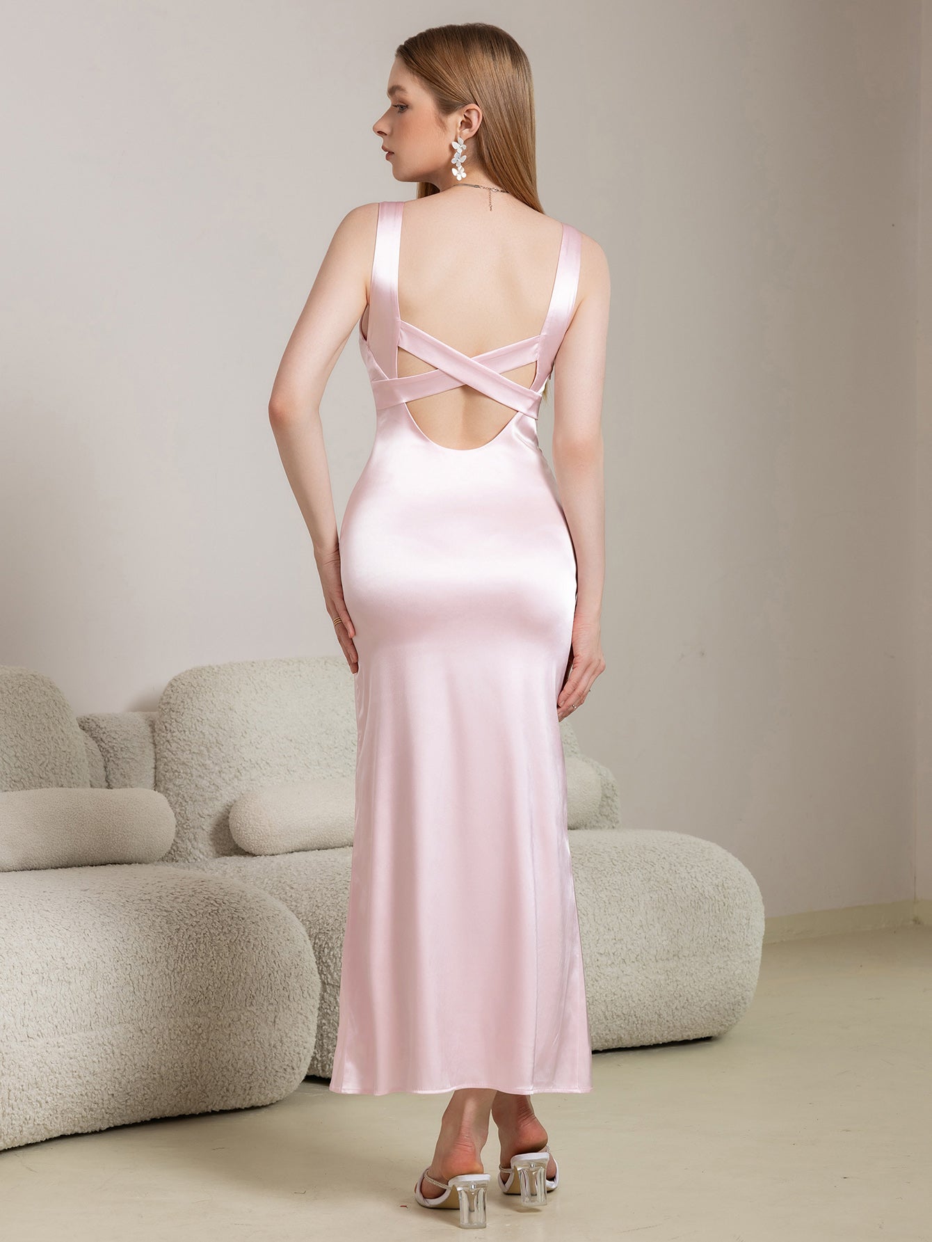 Crisscross Back Square Neck Satin Long Dress - View 2