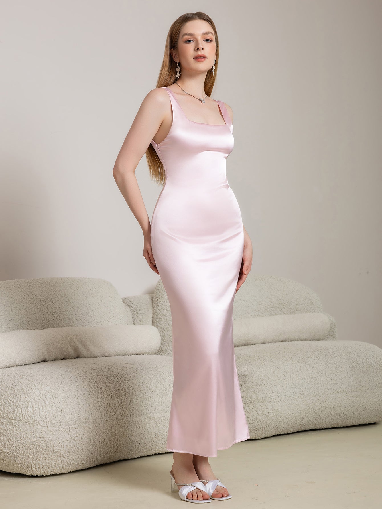 Crisscross Back Square Neck Satin Long Dress - View 3