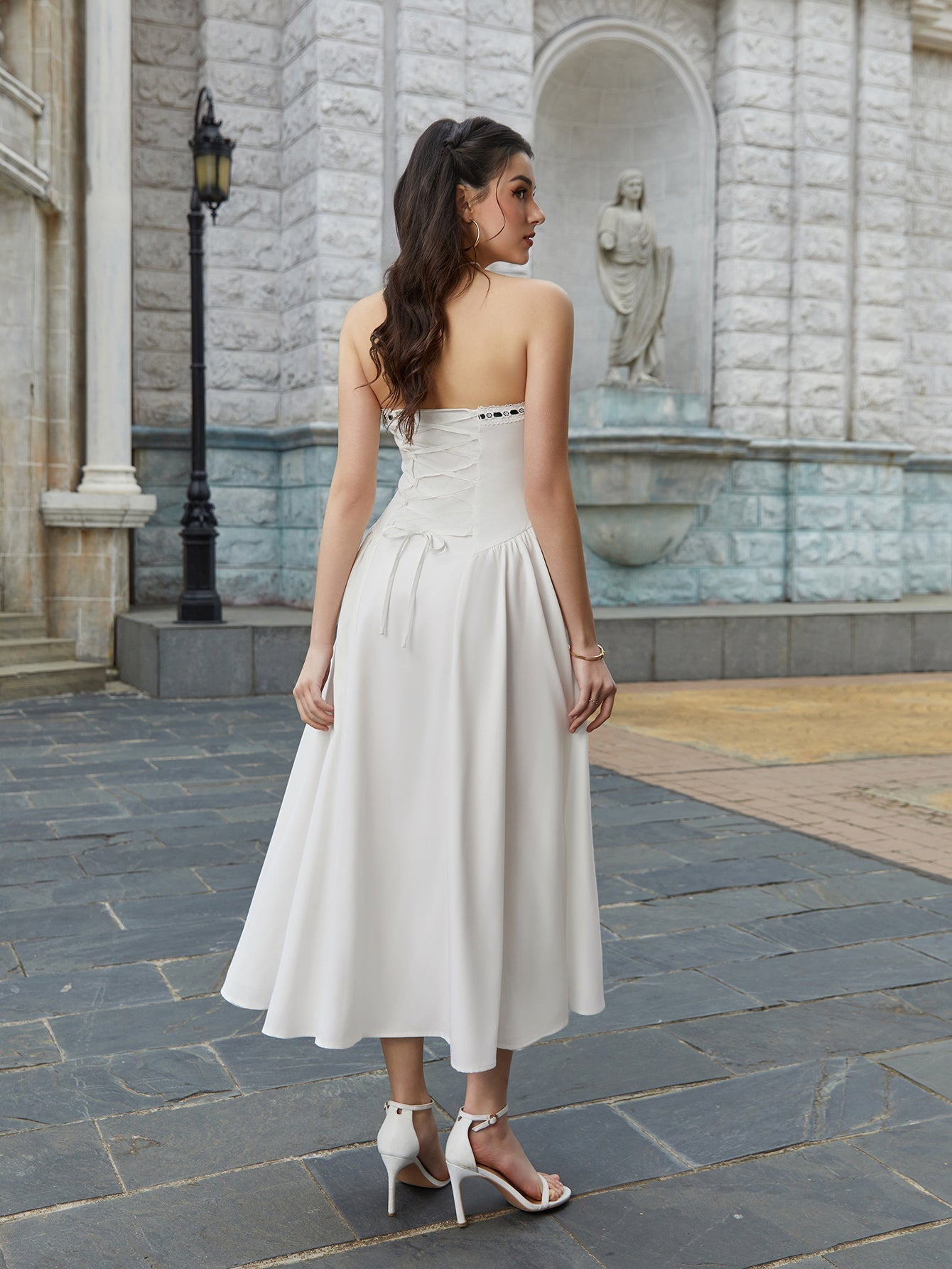 Strapless Bow Trim Contrast Basque Waist A-Line Midi Dress