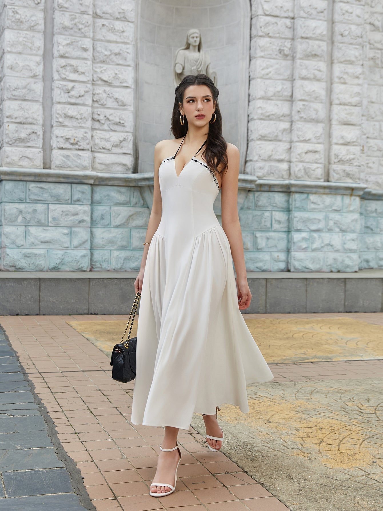 Strapless Bow Trim Contrast Basque Waist A-Line Midi Dress
