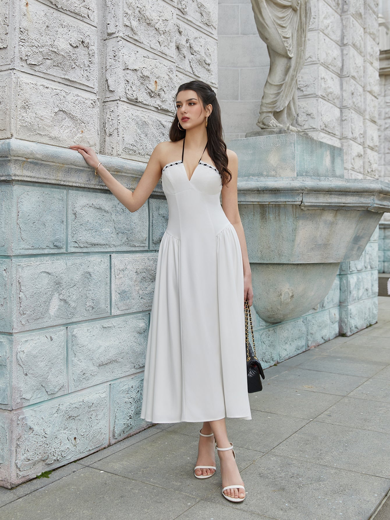 Strapless Bow Trim Contrast Basque Waist A-Line Midi Dress