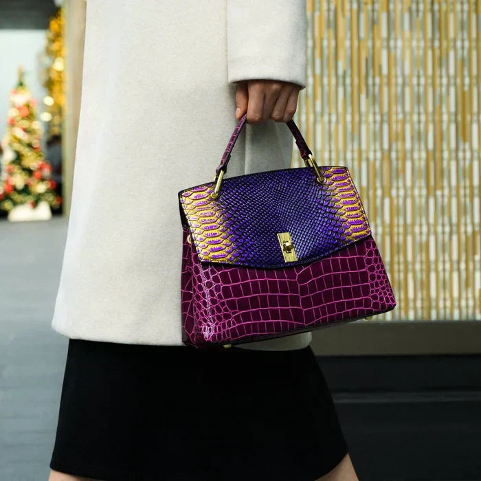 Snake Print Top Handle Structured Satchel Bag