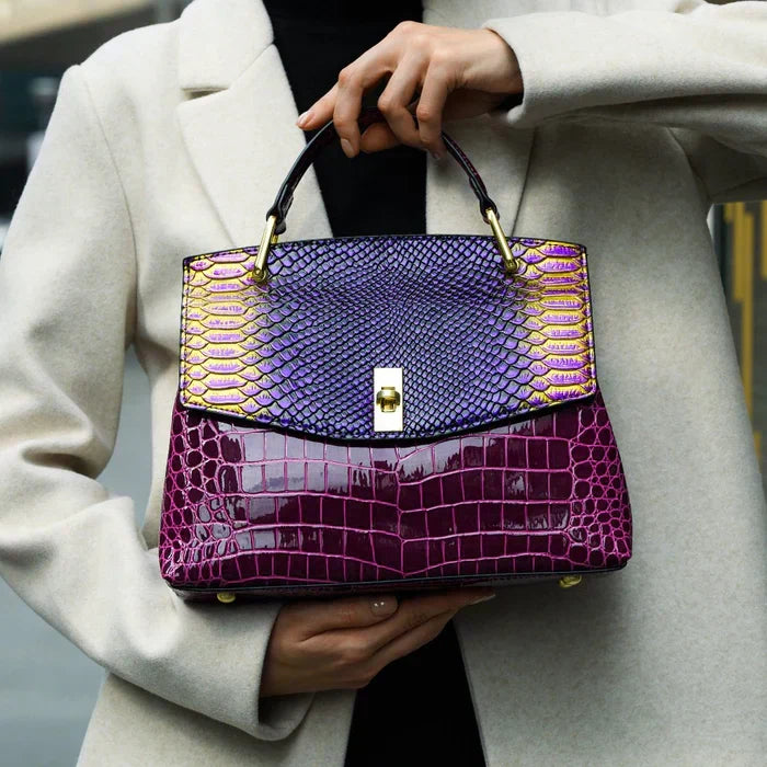Snake Print Top Handle Structured Satchel Bag