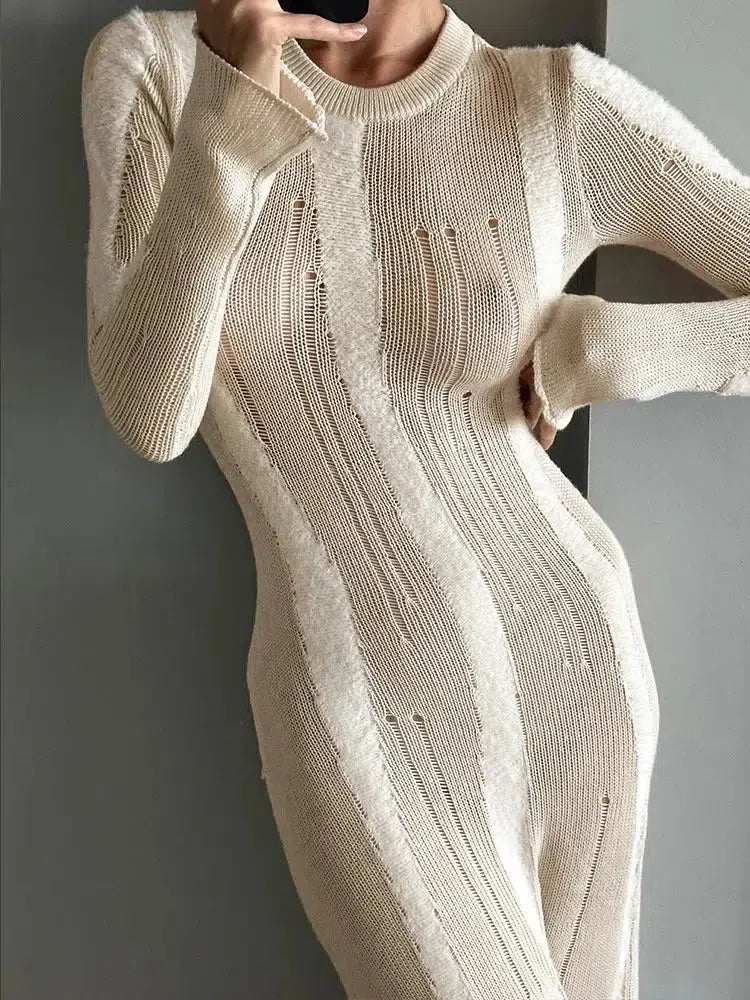 Long Sleeve Crew Neck Openwork Mixed Texture Knit Bodycon Maxi Dress