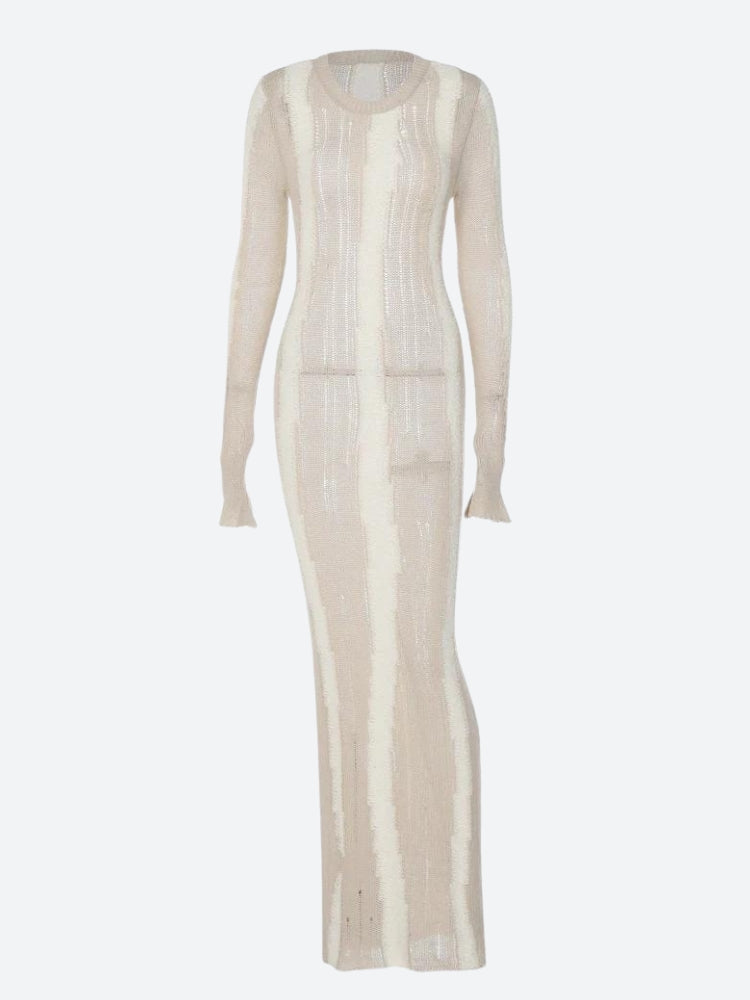 Long Sleeve Crew Neck Openwork Mixed Texture Knit Bodycon Maxi Dress