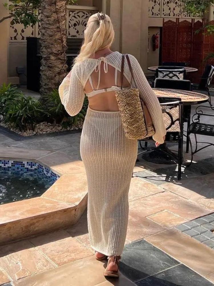 Crochet Deep V-Neck Long Sleeve Rosette Keyhole Cut Out Maxi Dress