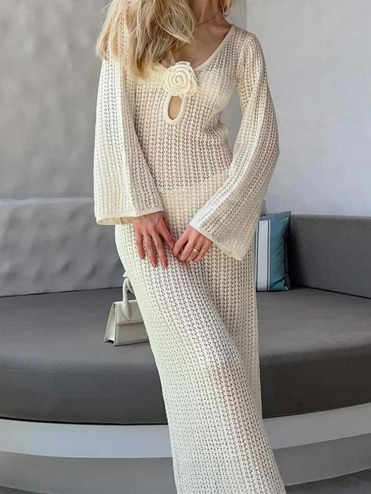 Crochet Deep V-Neck Long Sleeve Rosette Keyhole Cut Out Maxi Dress