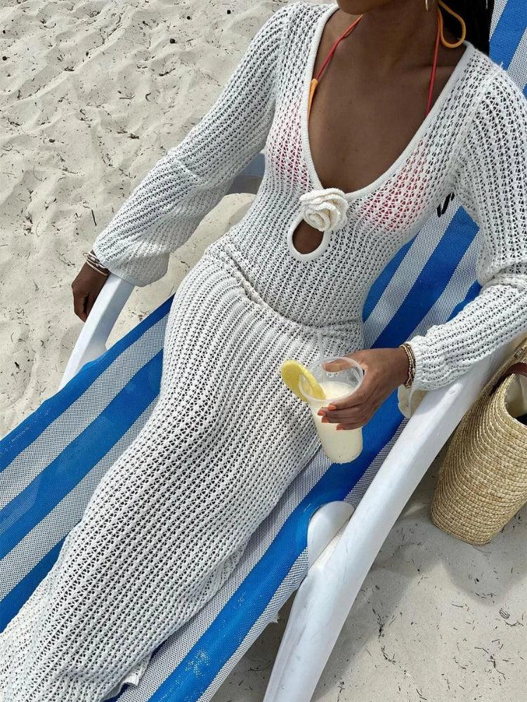 Crochet Deep V-Neck Long Sleeve Rosette Keyhole Cut Out Maxi Dress