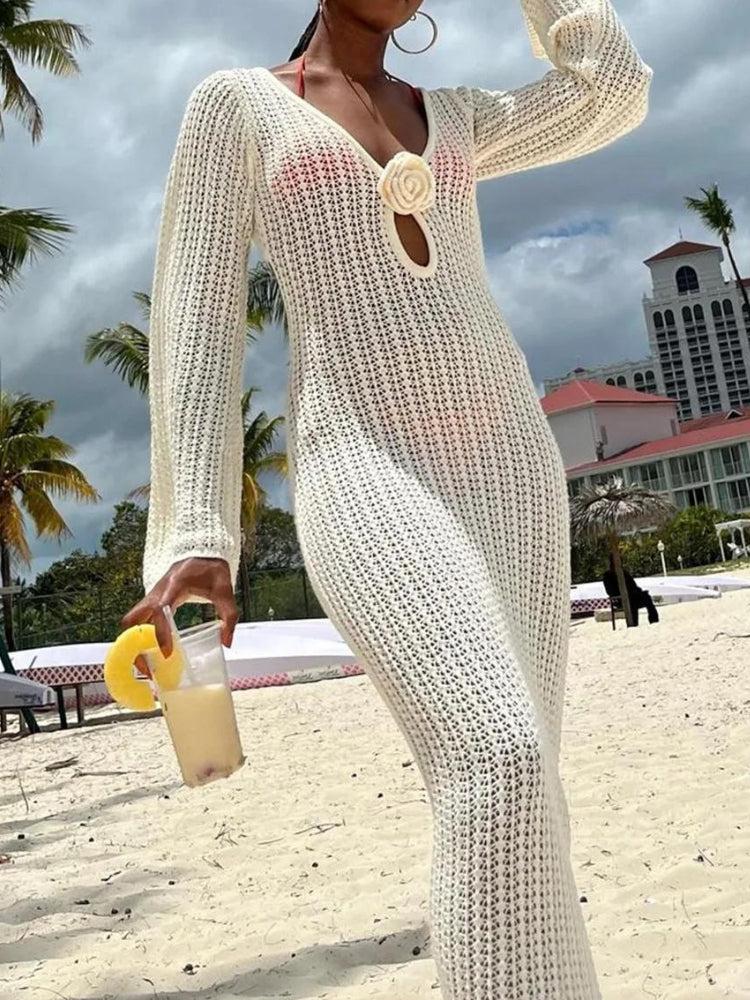 Crochet Deep V-Neck Long Sleeve Rosette Keyhole Cut Out Maxi Dress