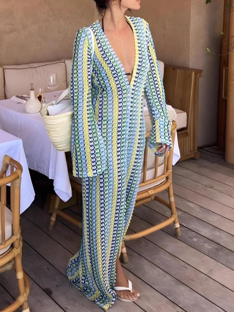 Crochet Striped Deep V-Neck Long Sleeve High Split Maxi Dress