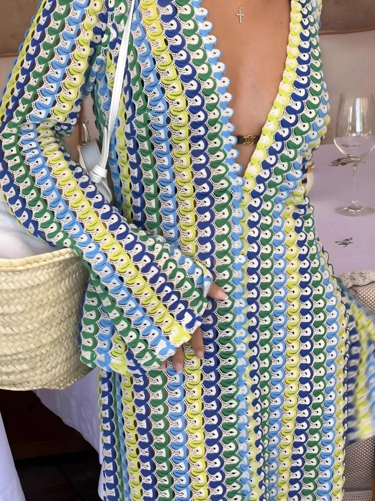 Crochet Striped Deep V-Neck Long Sleeve High Split Maxi Dress