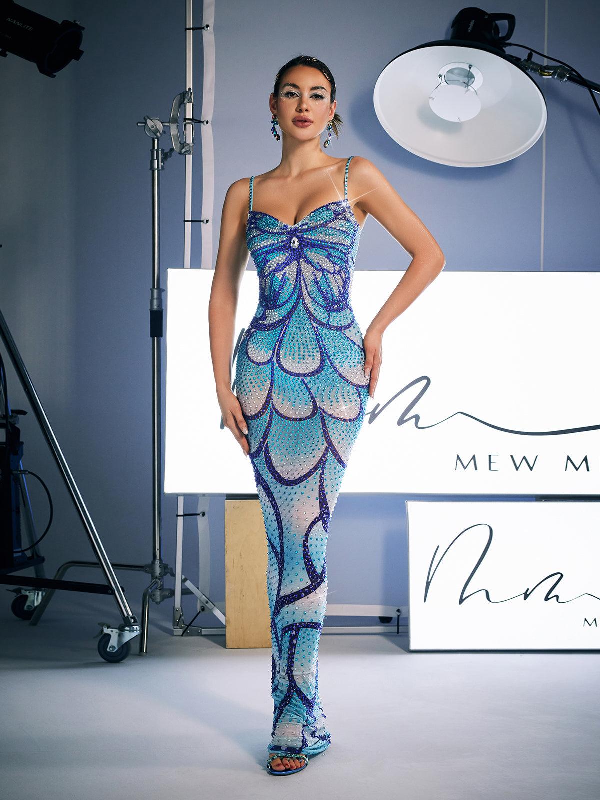 Crystal Embellished Spaghetti Strap Sweetheart Mermaid Maxi Gown