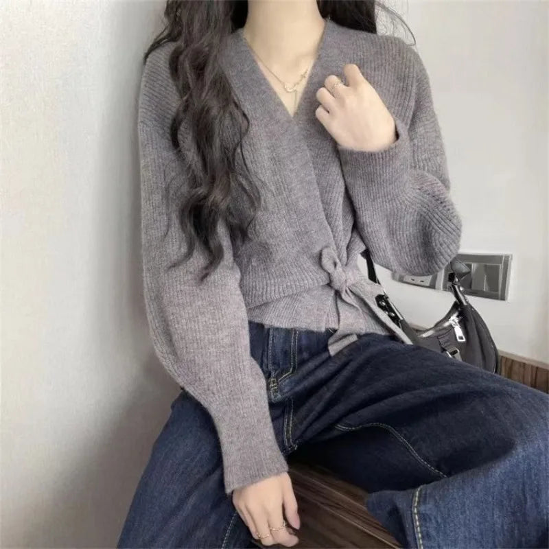 V-Neck Wrap Front Tie Waist Ribbed Knit Long Sleeve Cardigan 2