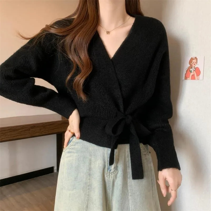 V-Neck Wrap Front Tie Waist Ribbed Knit Long Sleeve Cardigan 4