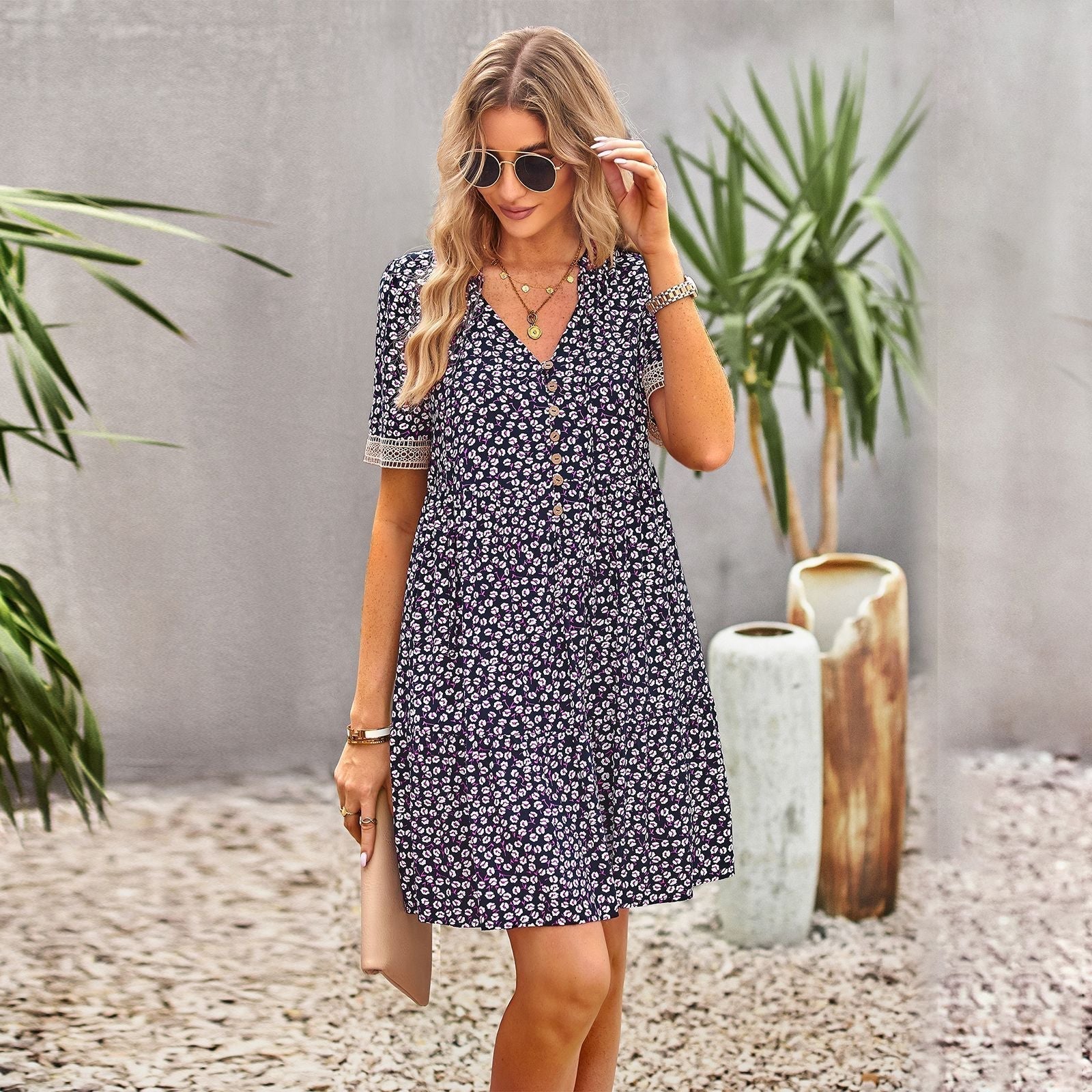 Lace Trim V-Neck Button Front Tiered Babydoll Mini Dress